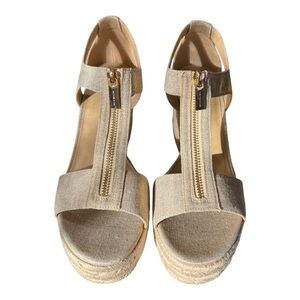 Michael Kors Berkeley Mid Wedge Sandals Size 10 Gold Linen
